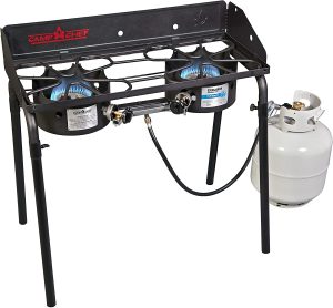 Camp Chef Explorer, Two Burner Stove, Two 30,000 BTU's cast-aluminum burners, Cooking Dimensions: 14 in. x 32 in