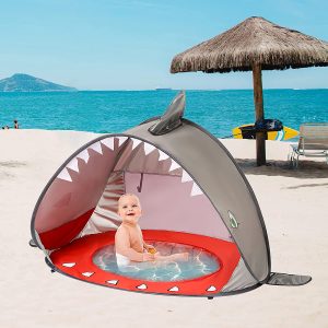Pop up Baby Beach Tent, Shark Portable Folding Sun Shelter Tent with Pool for Toddler with Detachable UV Protection UPF 50+ Sun Shelter Gray